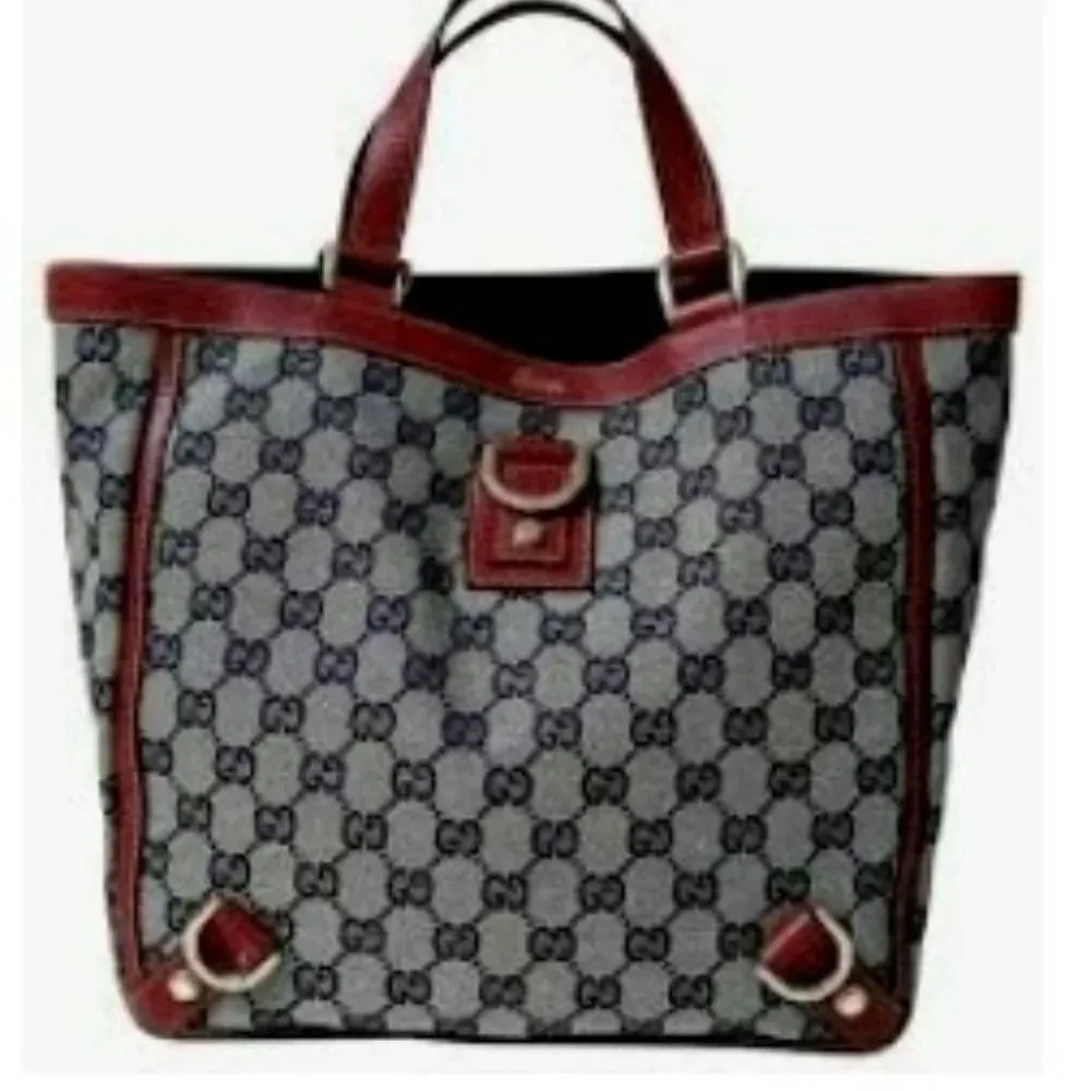 Authentic Gucci 3 Rings Abbey Hobo Handbag- Navy/Red Monogrammed Canvas - Picture 1 of 8